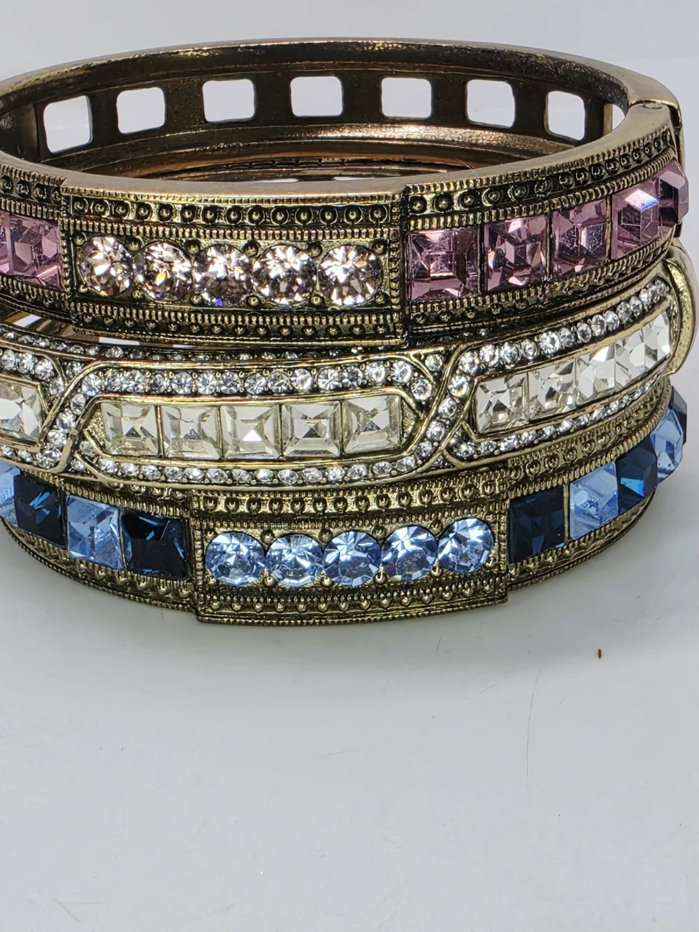 Heidi Daus Lot Of 3 Tantalizing Art Deco Hinged Bangle Bracelet Swarovski Stack